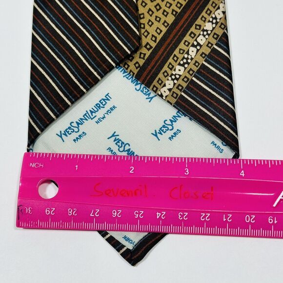 VINTAGE Yves Saint Laurent YSL Brown Tan Multi Pattern Satin Silk Necktie Tie - Picture 6 of 7